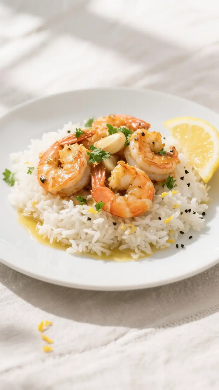 Tasty top view: Overhead shot of Hawaiian Garlic Shrimp served over a mound of hot jasmine rice on a