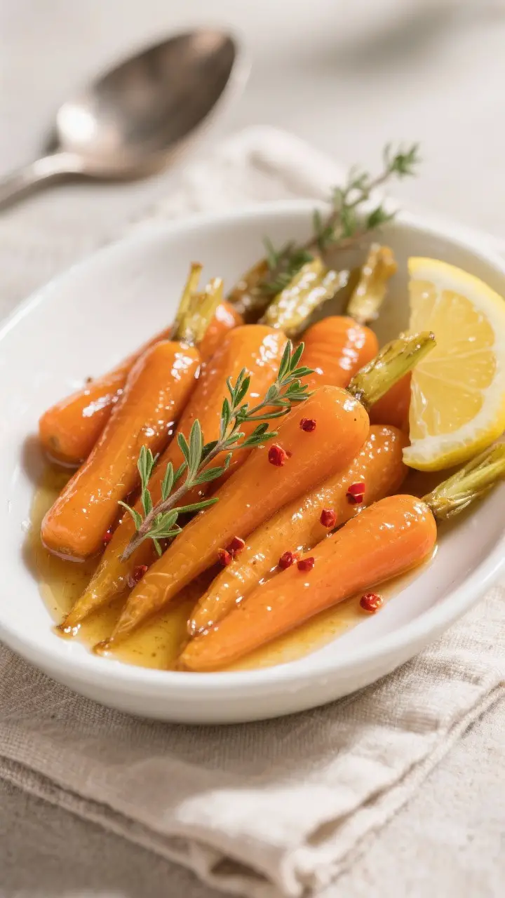 Tasty top view: Overhead shot of honey glazed baby carrots arranged in a shallow white serving bowl,