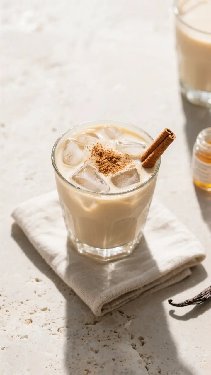 Tasty top view: Overhead shot of ice-cold horchata in a short rocks glass filled with clinking ice, 