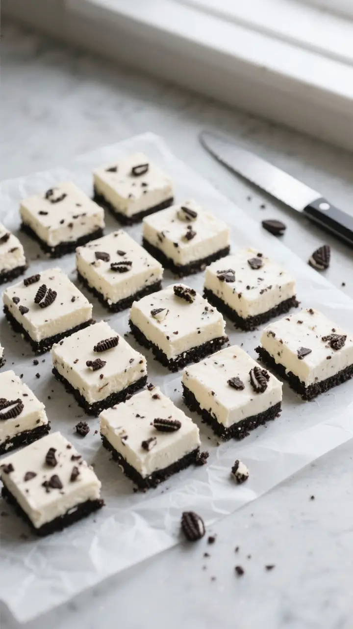 Tasty top view: Overhead shot of neatly cut Cookie Cheesecake Squares arranged in a tight grid on pa