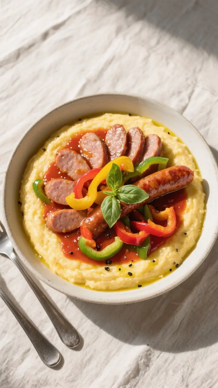 Tasty top view: Overhead shot of sausage and peppers served over creamy polenta in a wide, shallow b
