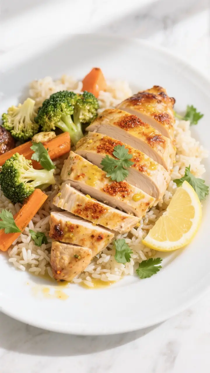 Tasty top view: Overhead shot of sliced baked chicken arranged on a white plate with a bed of warm r