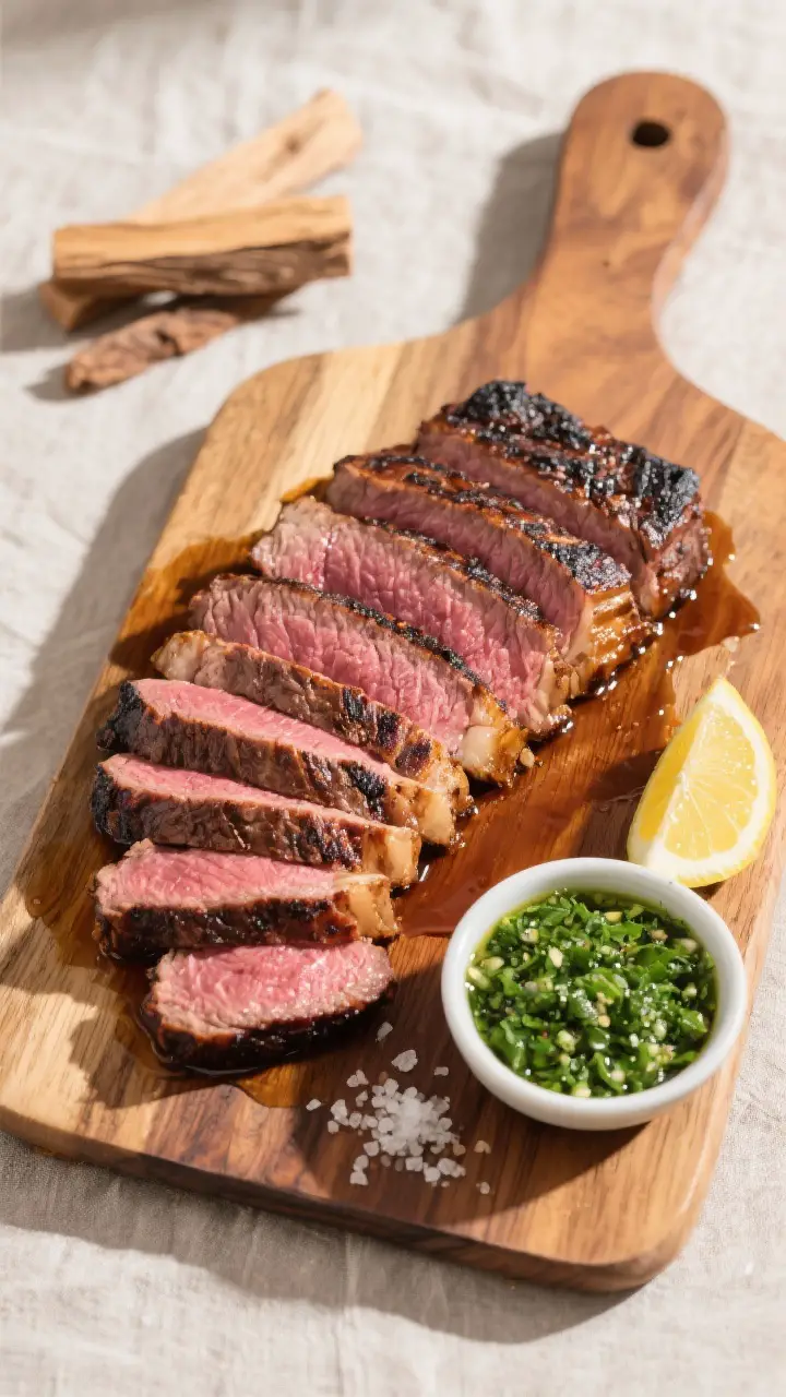 Tasty top view: Overhead shot of sliced medium-rare smoked tri tip arranged in a fan on a wooden car