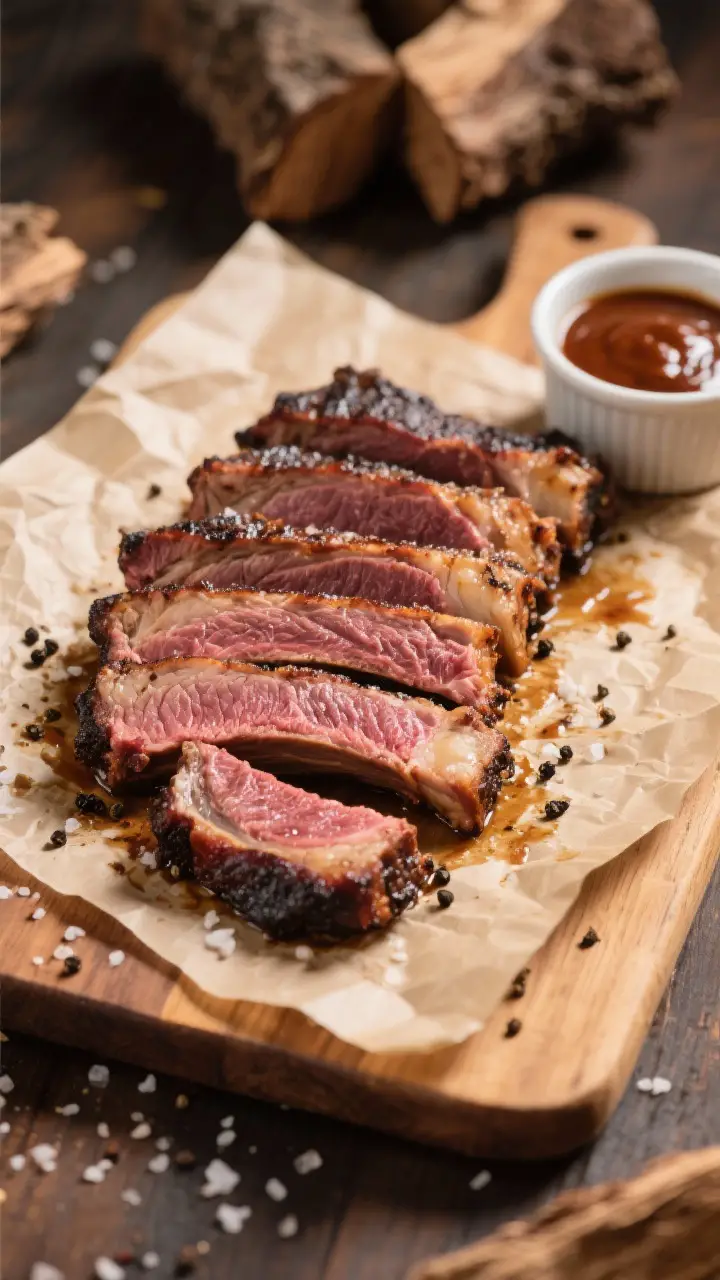 Tasty top view: Overhead shot of sliced smoked beef ribs on a large wooden cutting board, each rib s