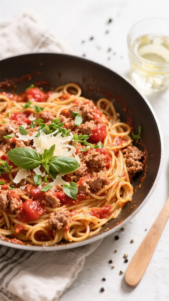 Tasty top view: Overhead shot of spaghetti tossed with the ground turkey tomato sauce in a wide saut