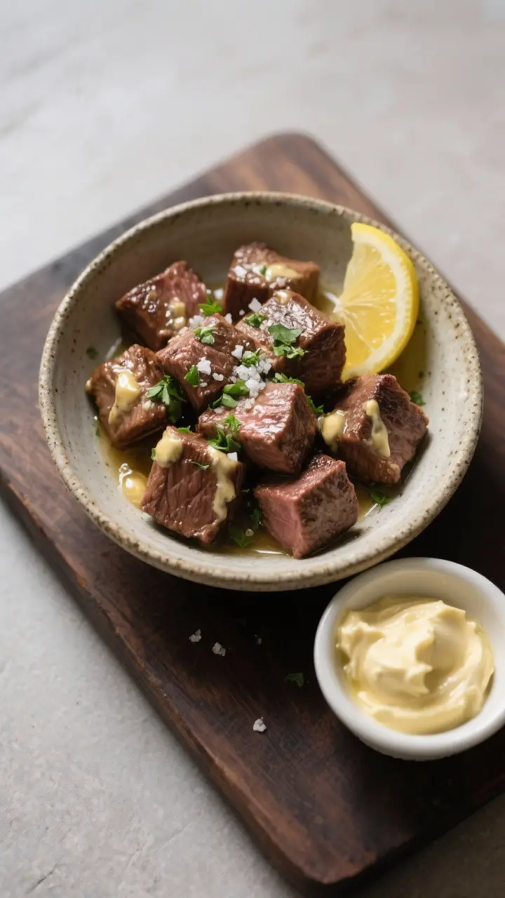 Tasty top view: Overhead shot of steak bites tossed in garlic butter resting 2–3 minutes in a warm