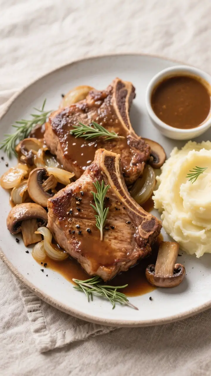 Tasty top view: Overhead shot of tender pork chops just finished pressure cooking, resting on a plat