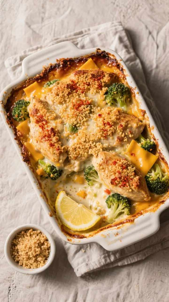 Tasty top view: Overhead shot of the baked Chicken Divan Casserole just out of the oven—golden, bu