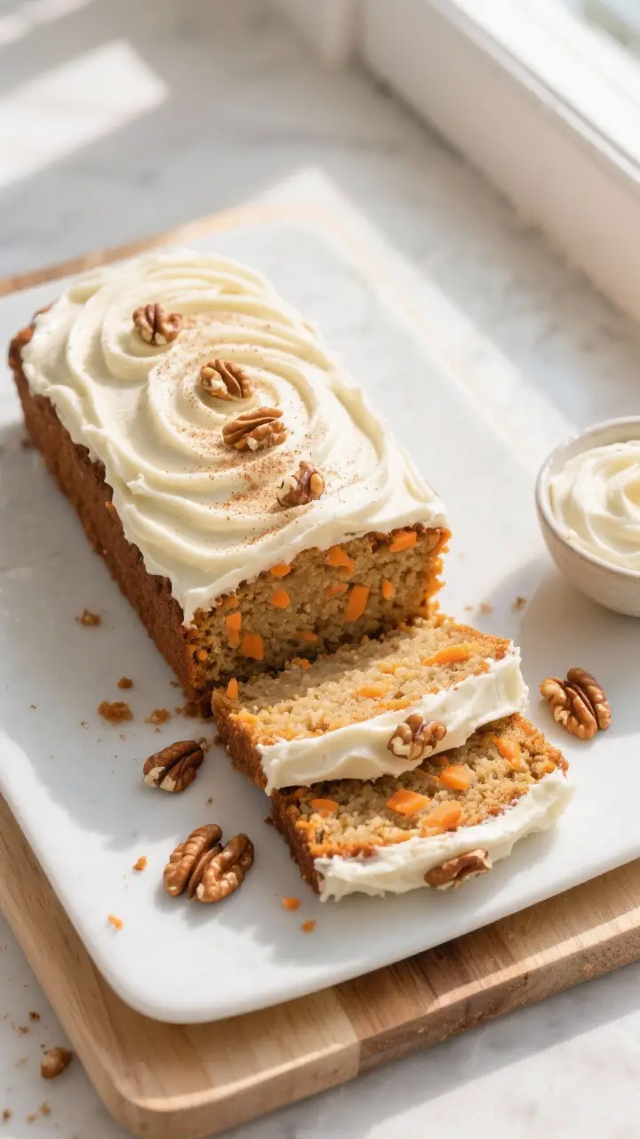 Tasty top view: Overhead shot of the cooled carrot cake loaf fully frosted with a smooth cream chees