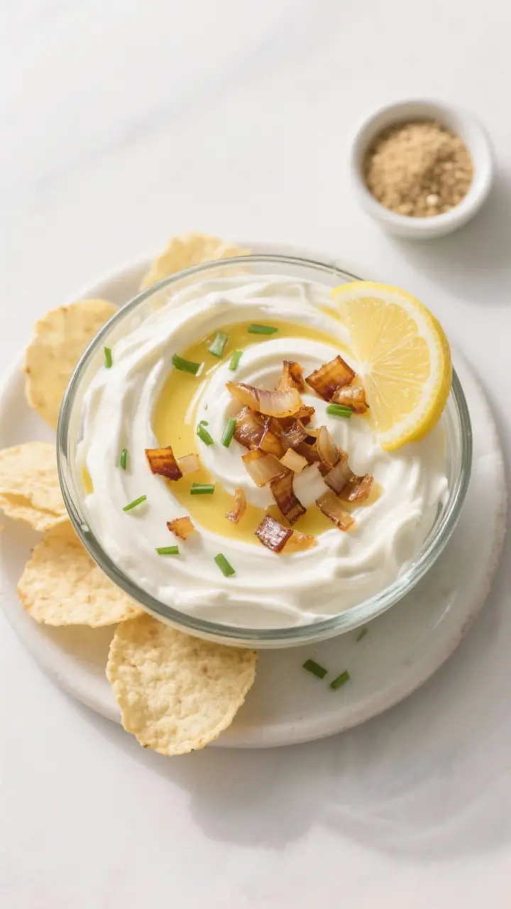 Tasty top view: Overhead shot of the dip mid-mix in a glass bowl—visible ribbons of sour cream and