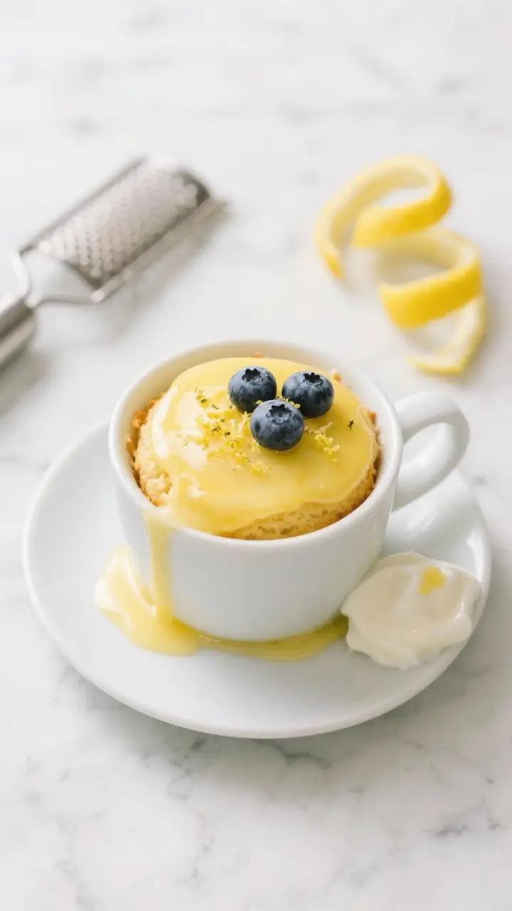 Tasty top view: Overhead shot of the final lemon mug cake finished with a thick lemon glaze and a li