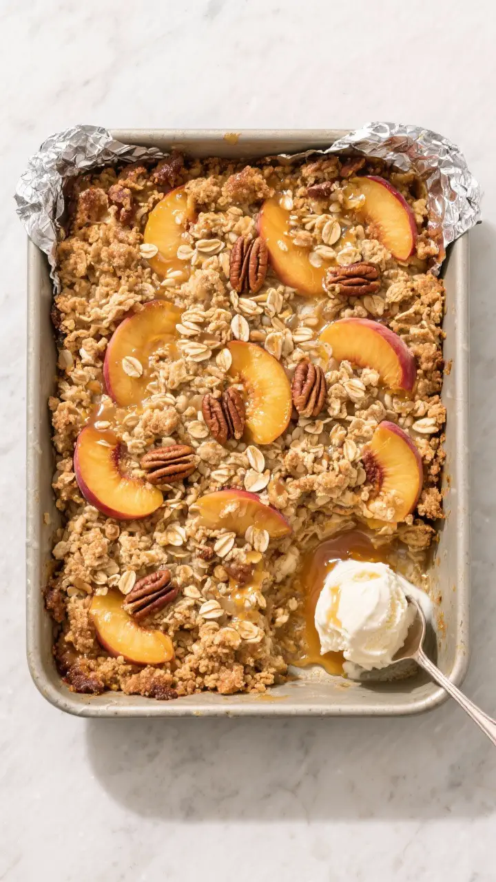 Tasty top view: overhead shot of the finished baked peaches oat crumble in a shallow 9x13-inch pan, 