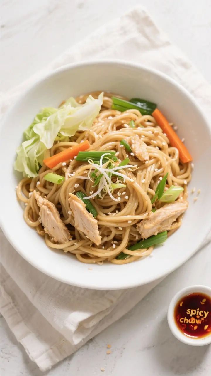 Tasty top view: Overhead shot of the finished Chicken Chow Mein in a wide, shallow white bowl, noodl