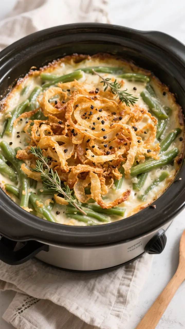 Tasty top view: Overhead shot of the finished green bean casserole still in the slow cooker, crowned