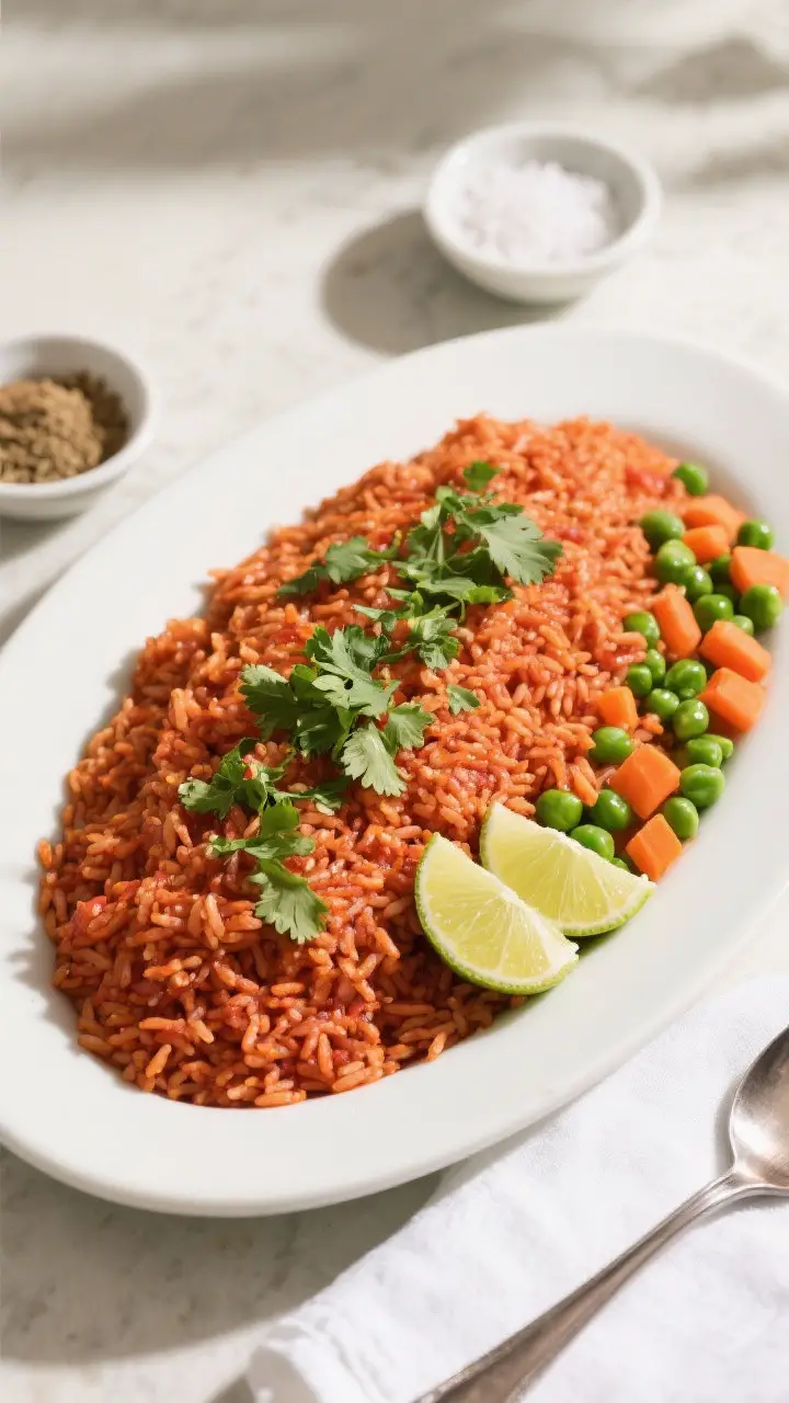 Tasty top view: Overhead shot of the finished Mexican rice plated family-style in a wide, shallow wh