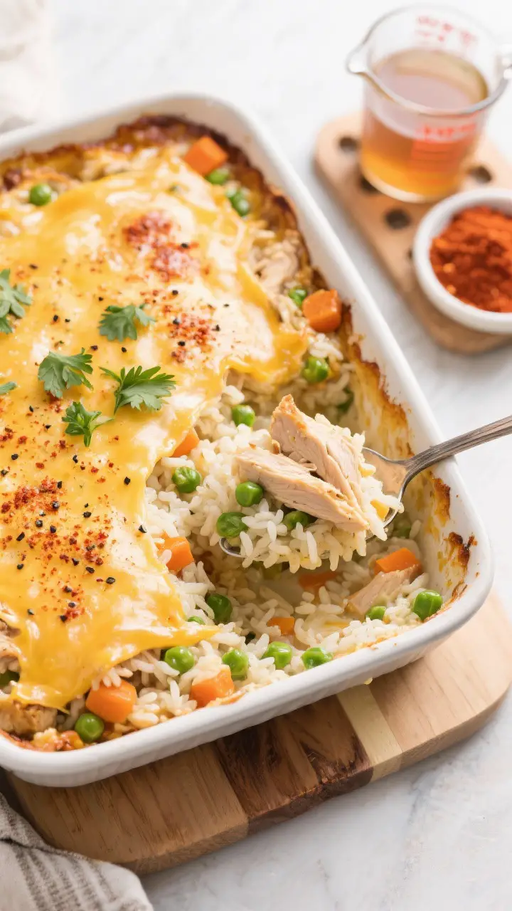 Tasty top view: Overhead shot of the finished Old School Chicken and Rice Casserole in a 9x13 dish, 