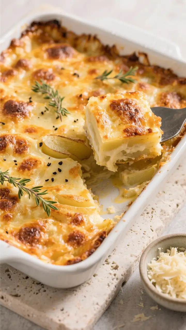 Tasty top view: Overhead shot of the finished potatoes au gratin resting for 10–15 minutes, deeply