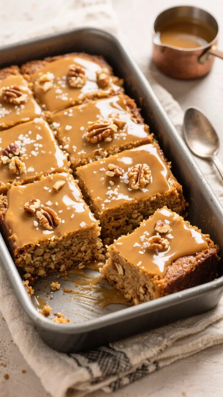 Tasty top view: Overhead shot of the finished Sauce-Over Nut Cake cut into neat squares in the pan, 