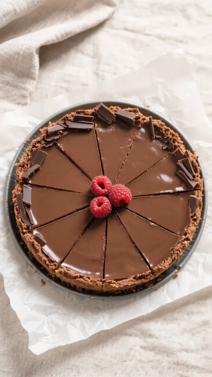 Tasty top view: Overhead shot of the fully set Chocolate Crunch Torte on a parchment-lined springfor
