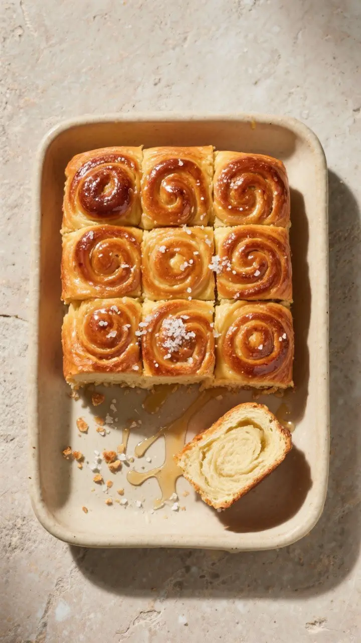 Tasty top view: Overhead shot of the Self-Fill Honey Bun after the glaze has set glossy, cut into cl