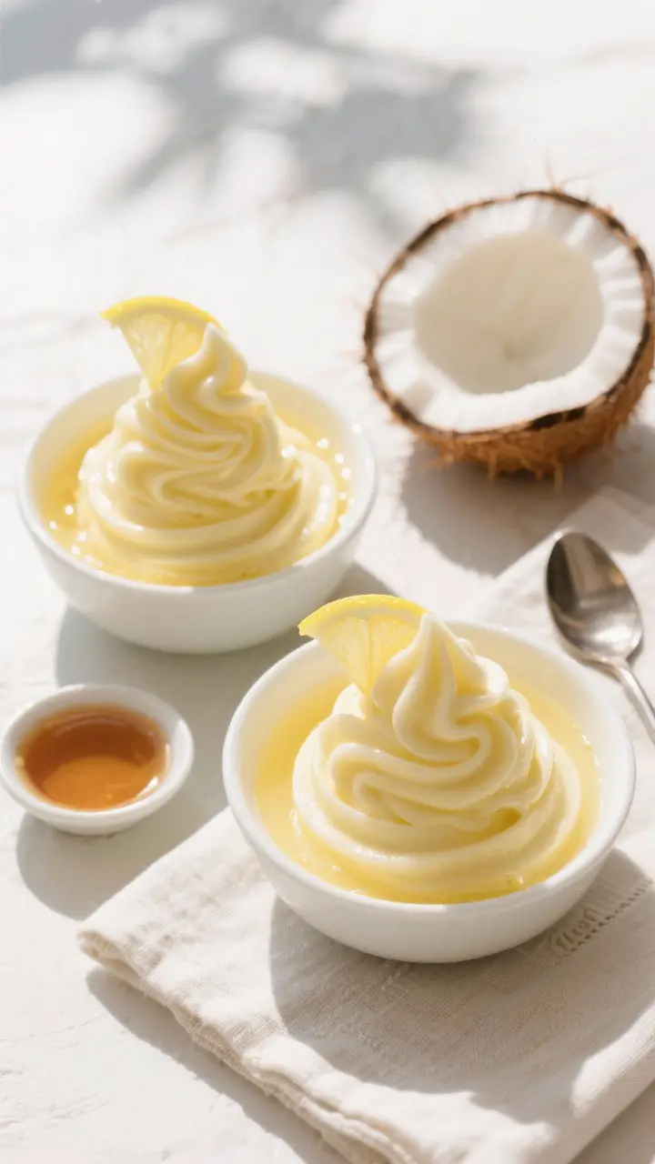 Tasty top view: Overhead shot of two bowls of Dole Whip with perfect spiral tops, glossy, pale golde