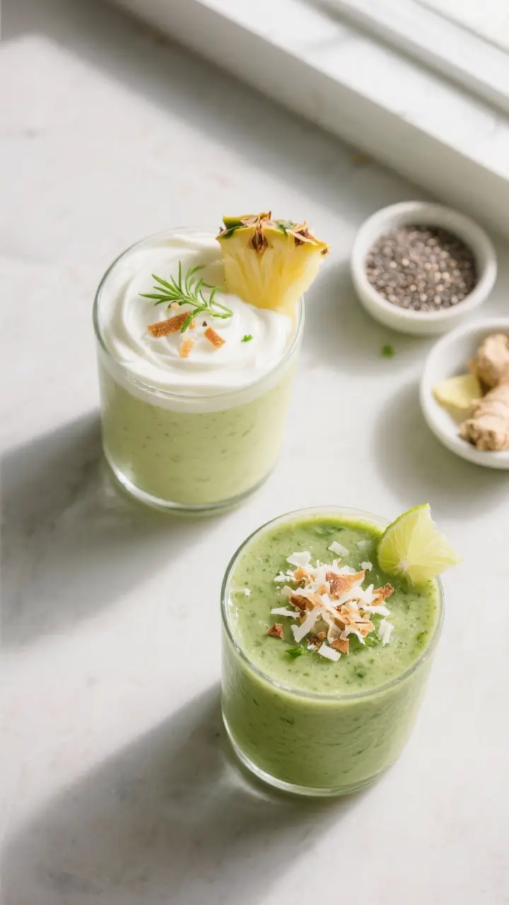 Tasty top view: Overhead shot of two glasses of the finished pineapple smoothie with different varia