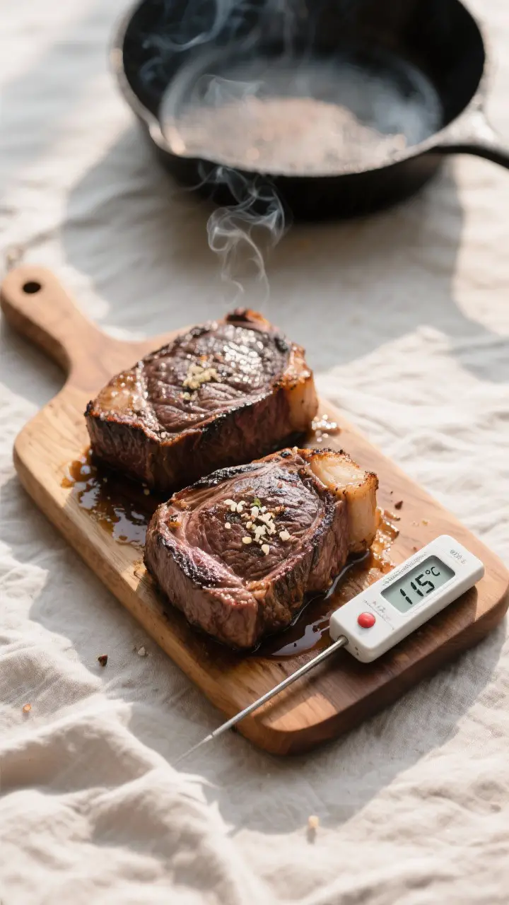 Tasty top view: Overhead shot of two smoked filet mignon steaks just off the smoker, resting on a sm