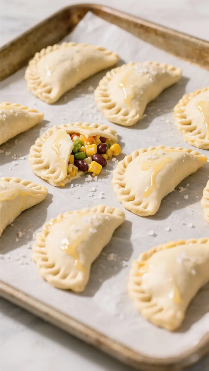 Tasty top view: Overhead shot of unbaked, neatly crimped half-moon empanadas arranged on a parchment
