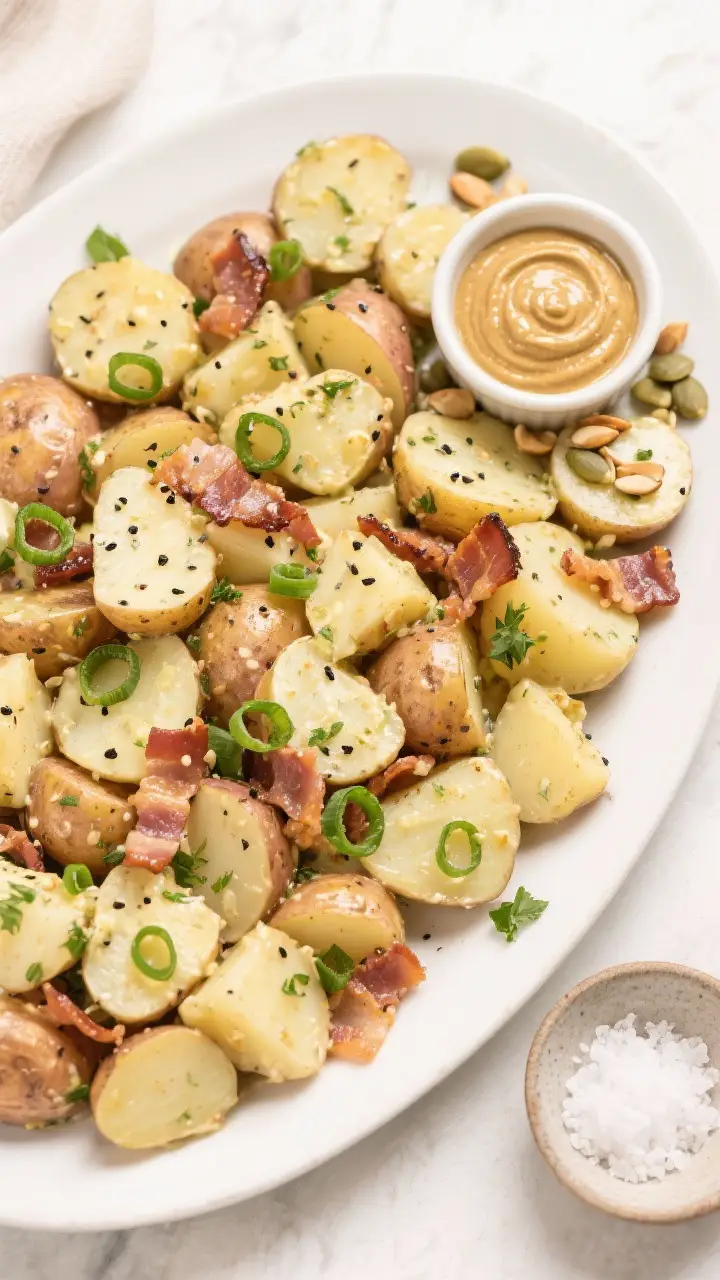 Tasty top view, overhead shot: Overhead of a family-style platter of the finished hot potato salad, 
