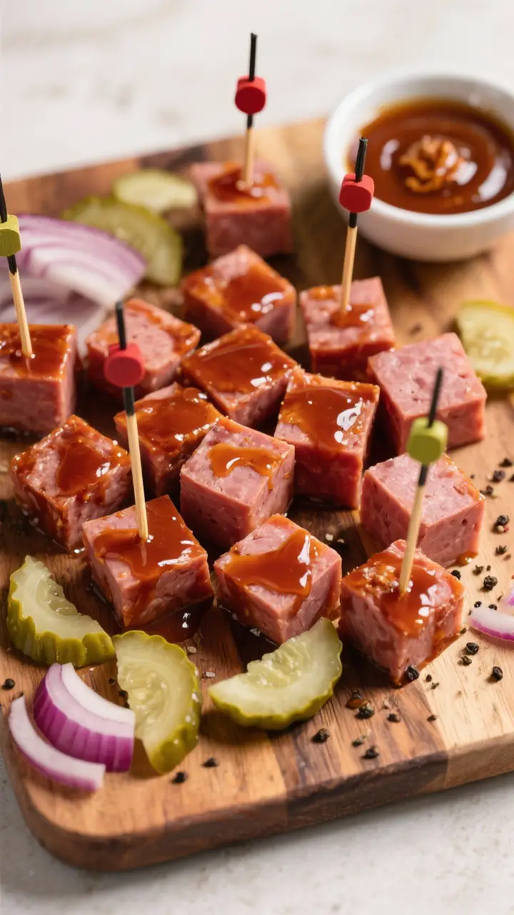 Tasty top view: Overhead snack platter of smoked bologna cubes (1-inch), lacquered with warm BBQ sau