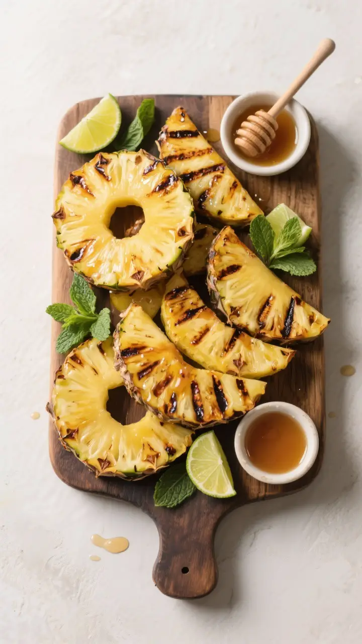 Tasty top view platter: Overhead shot of a rustic serving board filled with grilled pineapple spears