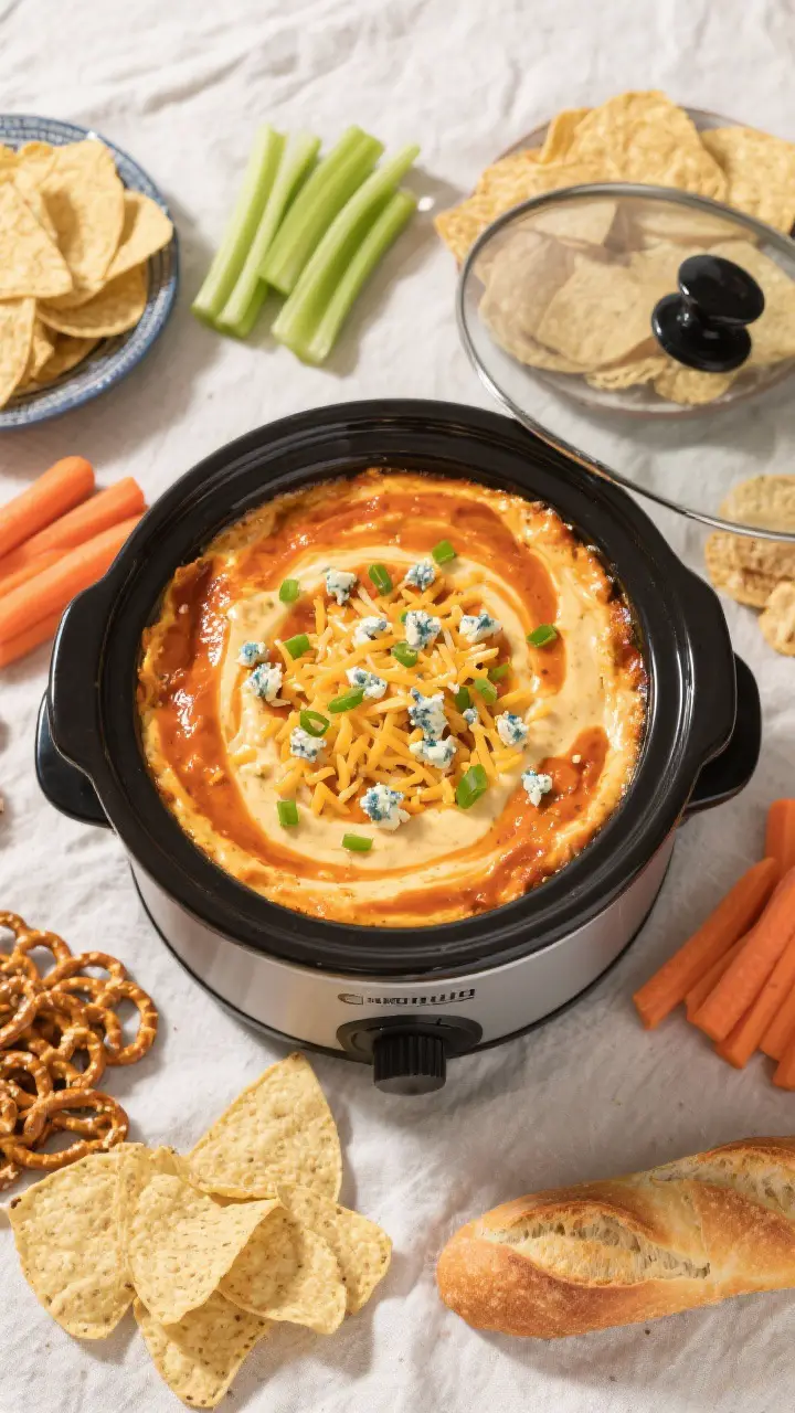 Tasty top-view spread: Overhead shot of the finished buffalo chicken dip kept warm in the slow cooke