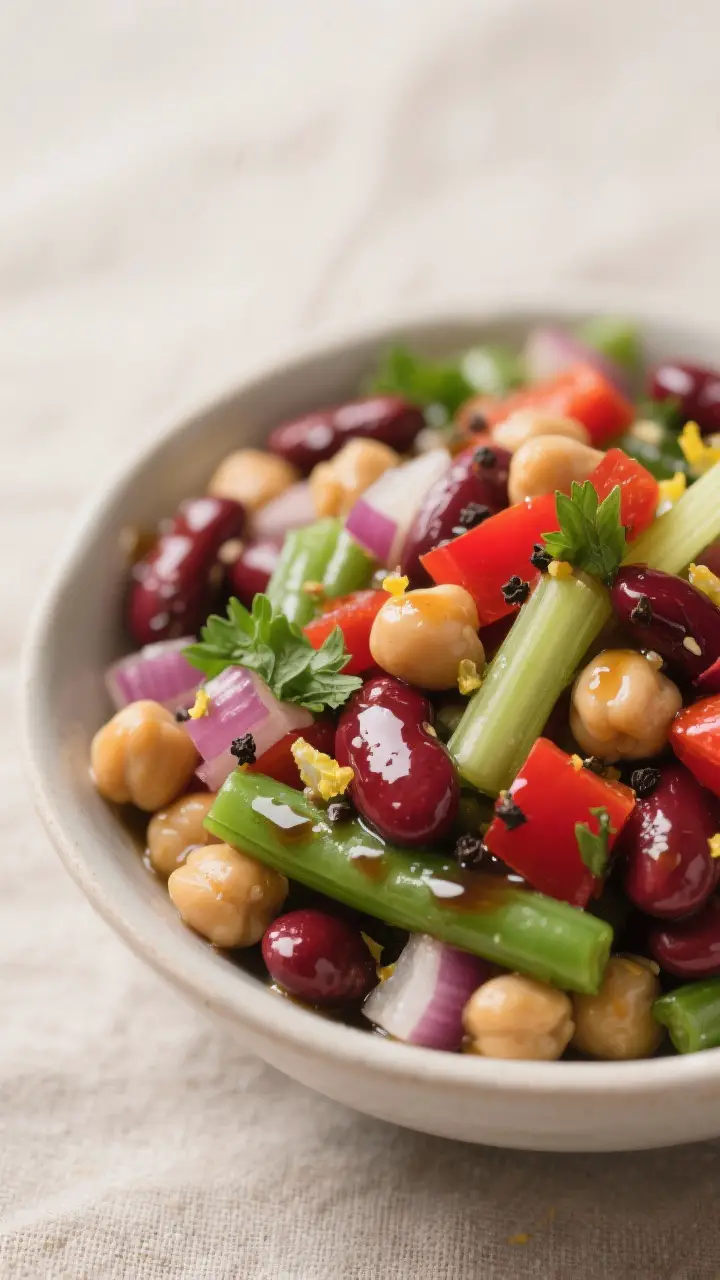 Close-up detail: A bowl of freshly tossed three bean salad glistening with vinaigrette—chickpeas,