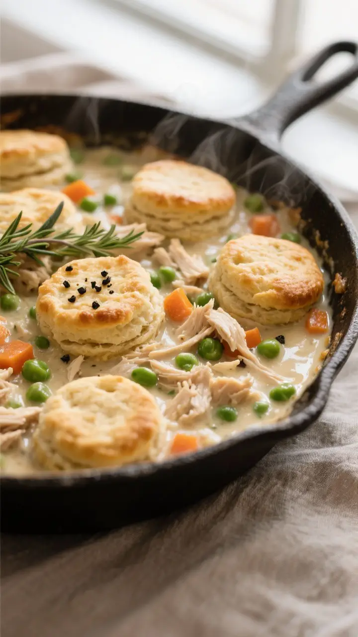 Close-up detail: A bubbling oven-safe skillet of creamy chicken and vegetable filling just after thi
