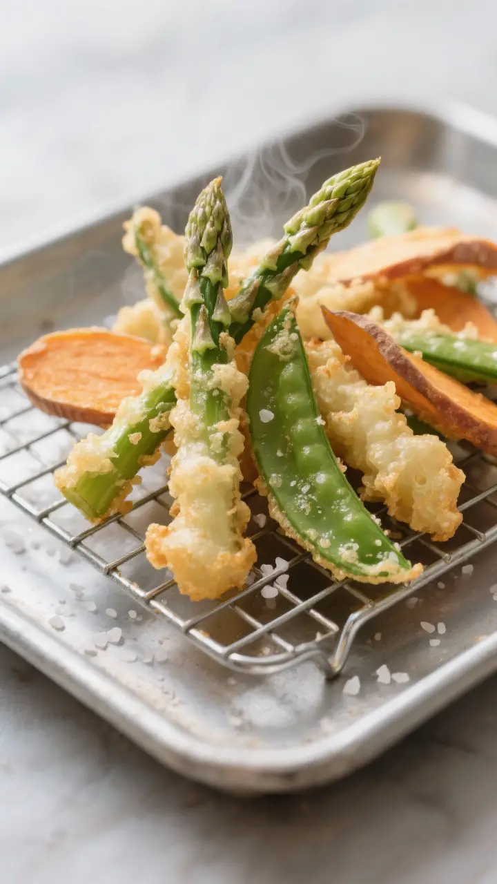 Close-up detail: A cluster of just-fried spring vegetable tempura—asparagus tips, snap peas, and t