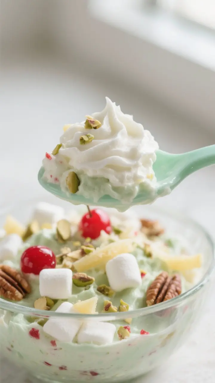 Close-up detail: A creamy, pale mint-green spoonful of finished Watergate Salad being lifted from a