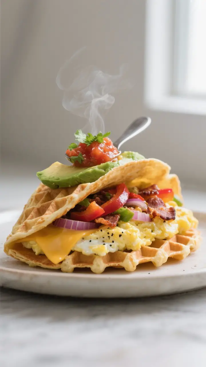Close-up detail: A folded breakfast waffle taco just after assembly, showing a crisp, golden waffle 