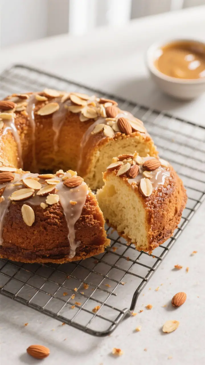 Close-up detail: A freshly baked almond coffee cake ring just inverted onto a wire rack, the golden