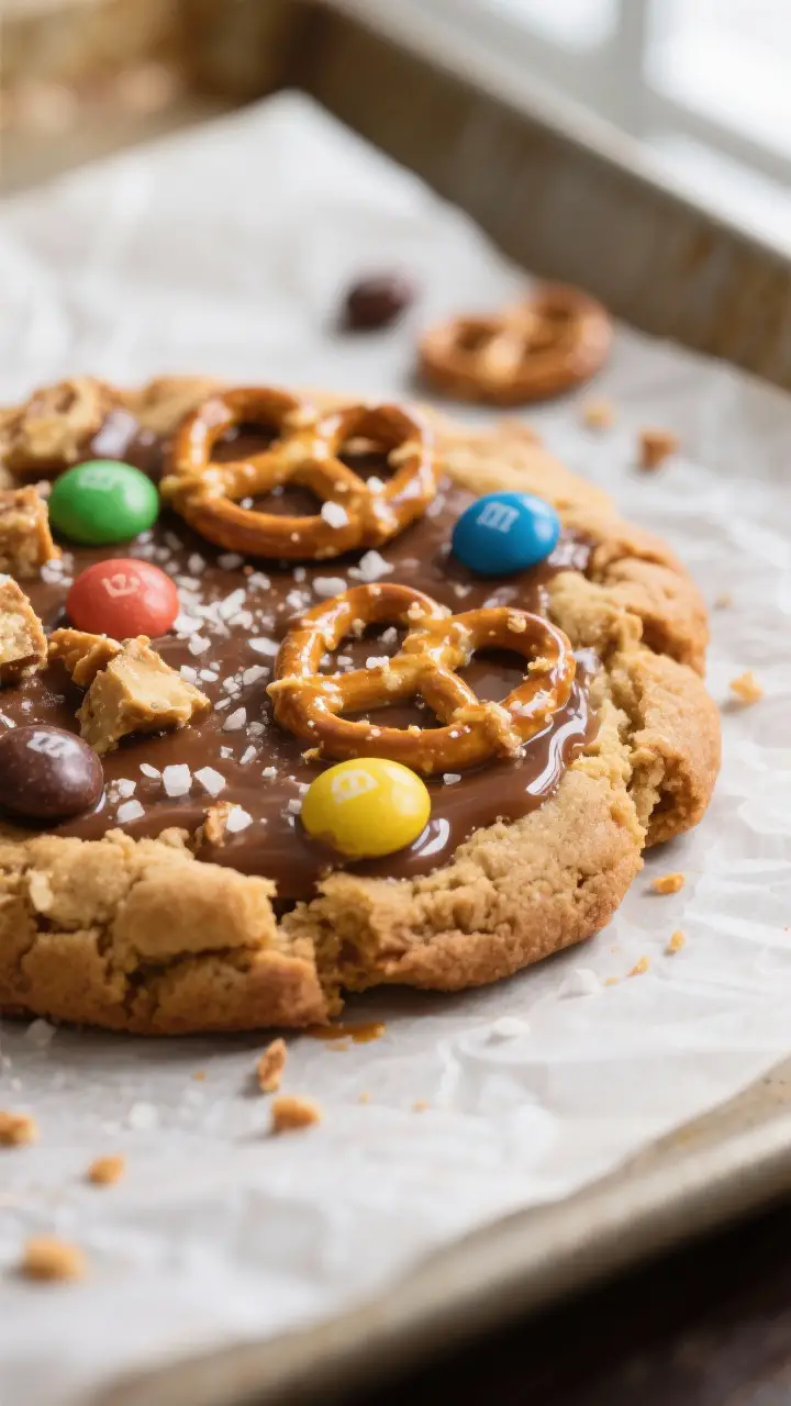 Close-up detail: A freshly baked Browned Butter M&M Pretzel Cookie still on the parchment-lined shee