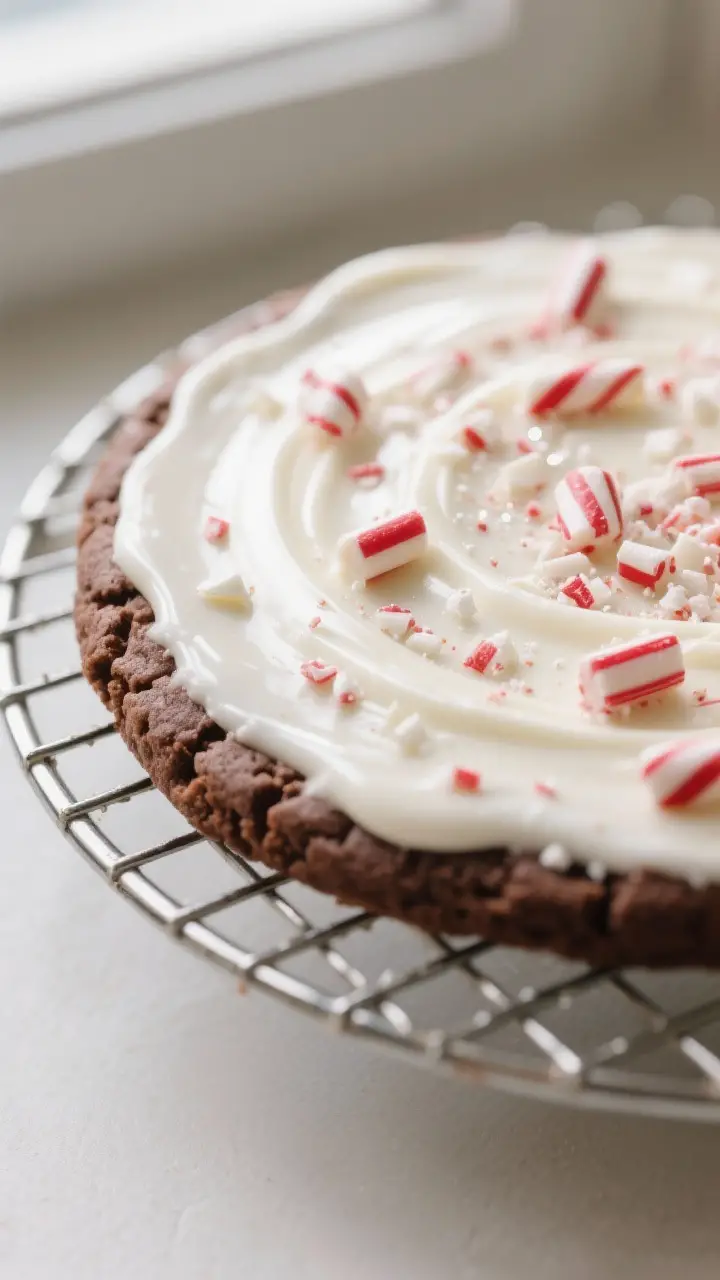 Close-up detail: a freshly baked chocolate cookie disc cooling on a wire rack, topped with a glossy 