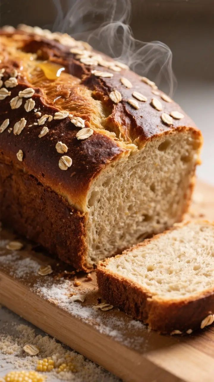 Close-up detail: A freshly baked Outback bread loaf just out of the pan, deep molasses-brown crust w
