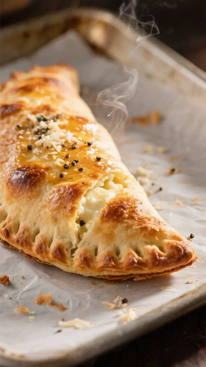 Close-up detail: A freshly baked three-cheese calzone just out of the oven, its golden, blistered cr
