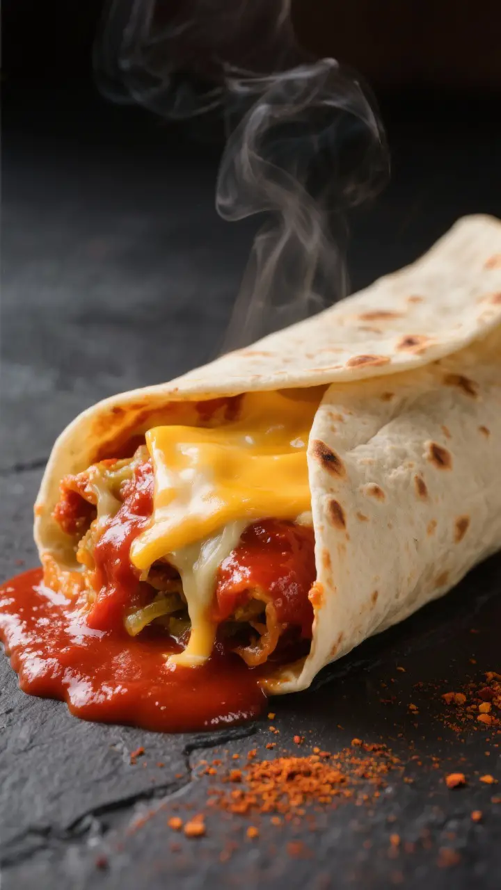 Close-up detail: A freshly baked wet burrito just out of the oven, smothered in glossy red enchilada