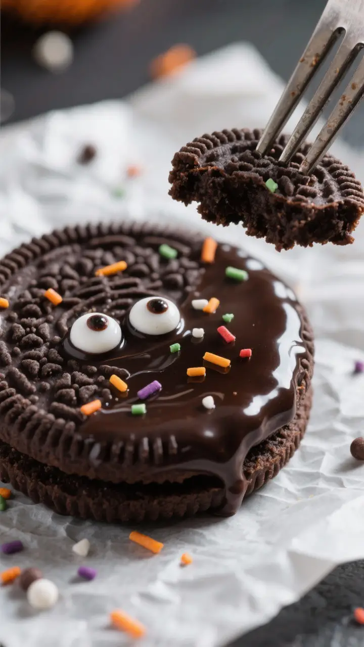 Close-up detail: A freshly dipped dark-chocolate Oreo resting on parchment, glossy coating with tiny