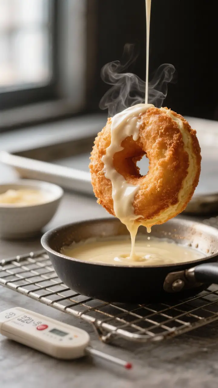 Close-up detail: A freshly fried sour cream donut being dipped into a glossy vanilla glaze, captured