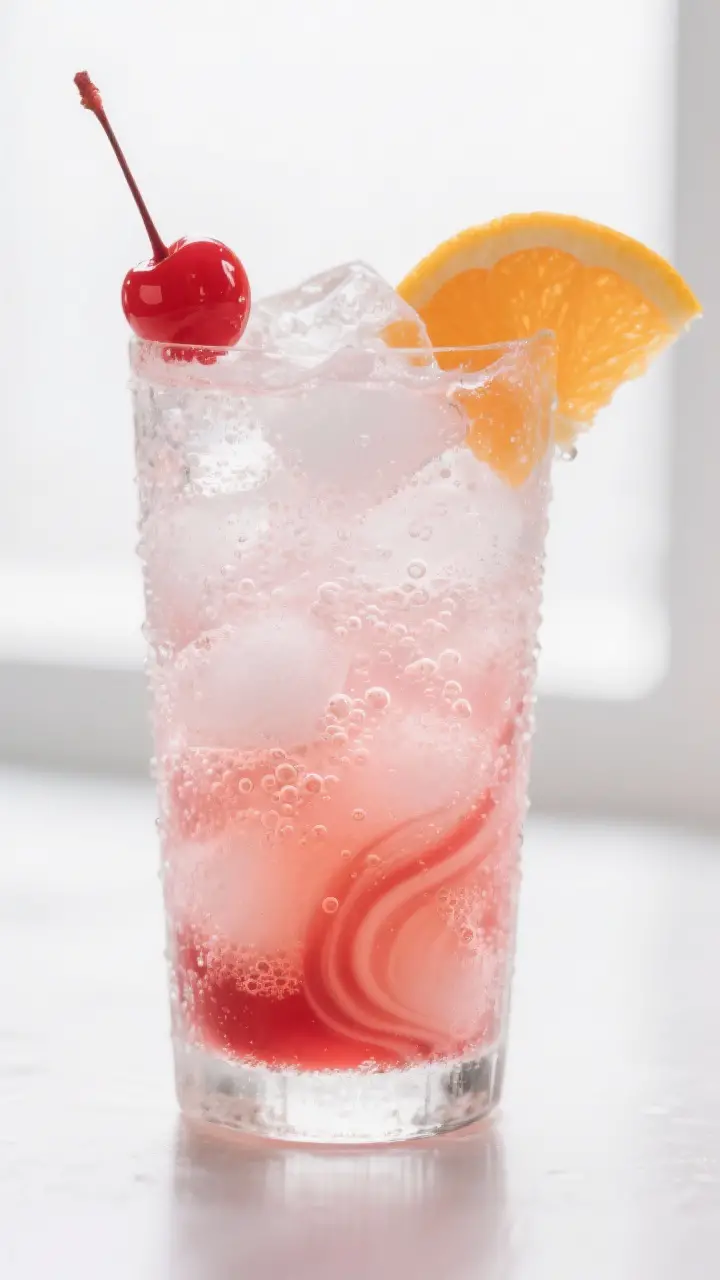 Close-up detail: A freshly prepared Shirley Temple in a chilled, frosty highball glass packed with i