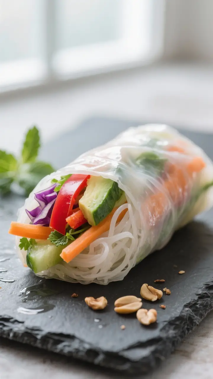 Close-up detail: A freshly rolled vegetable spring roll sliced on a bias to reveal vibrant layers—
