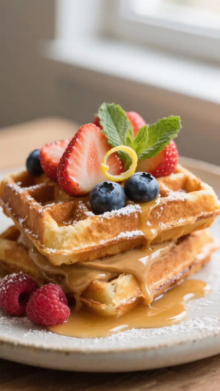 Close-up detail: A freshly toasted Eggo waffle stacked with a thin base layer of creamy peanut butte