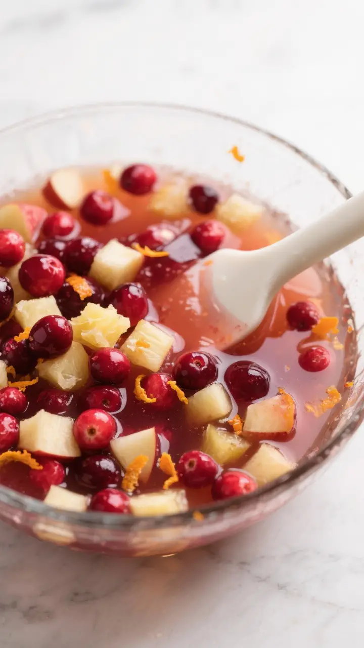 Close-up detail: A glass mixing bowl with the cranberry Jello mixture at the syrupy, loose-gel stage