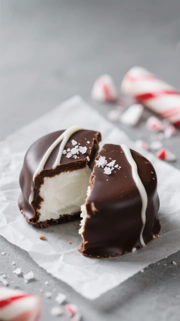 Close-up detail: A glossy dark chocolate–coated peppermint patty just set on parchment, with a del